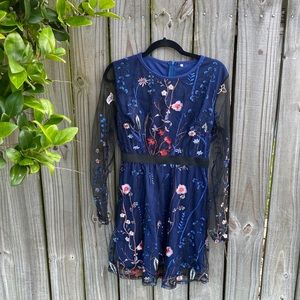 Floral Mesh Sleeve Royal Blue Evening Dress